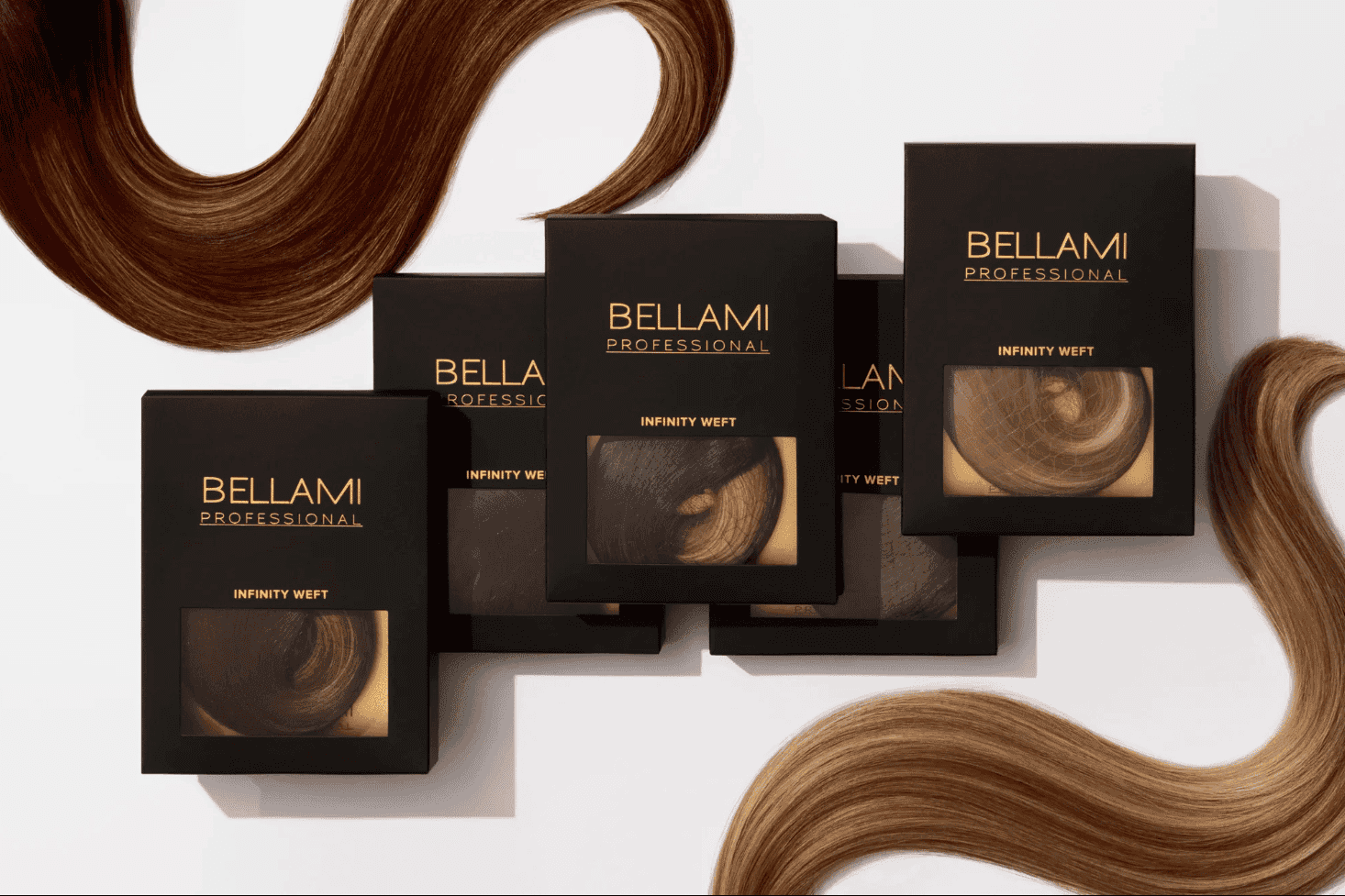 Bellami hair extension products displayed with samples of hair locks.