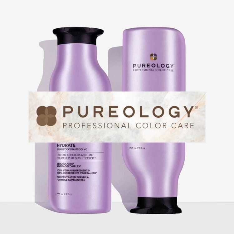 Two purple bottles of Pureology hair care products.